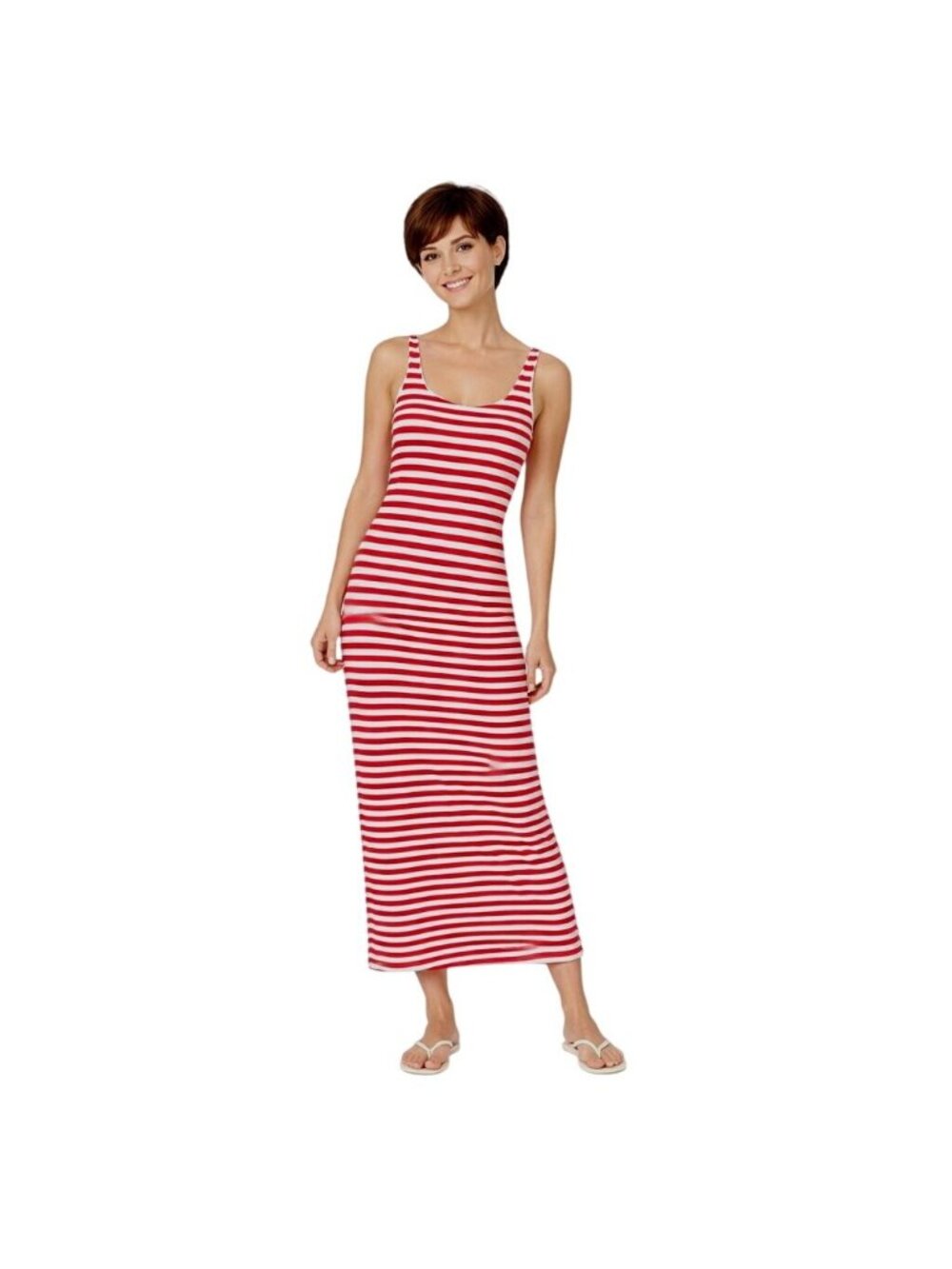 ZARA Red & White Striped Ribbed Knit Sleeveless Maxi Dress With Crisscross Back